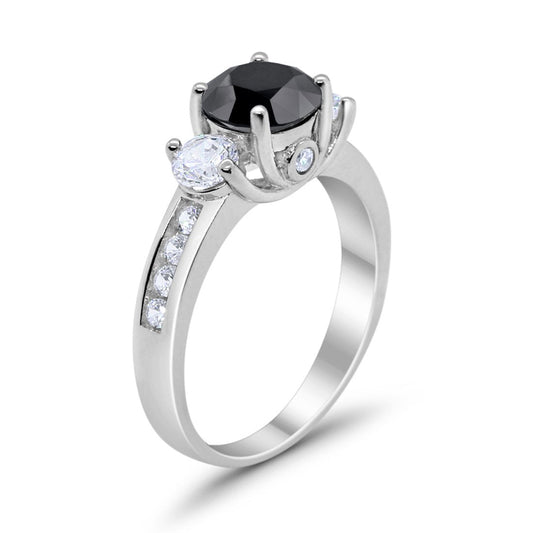 Three Stone Wedding Ring Simulated Black CZ Round