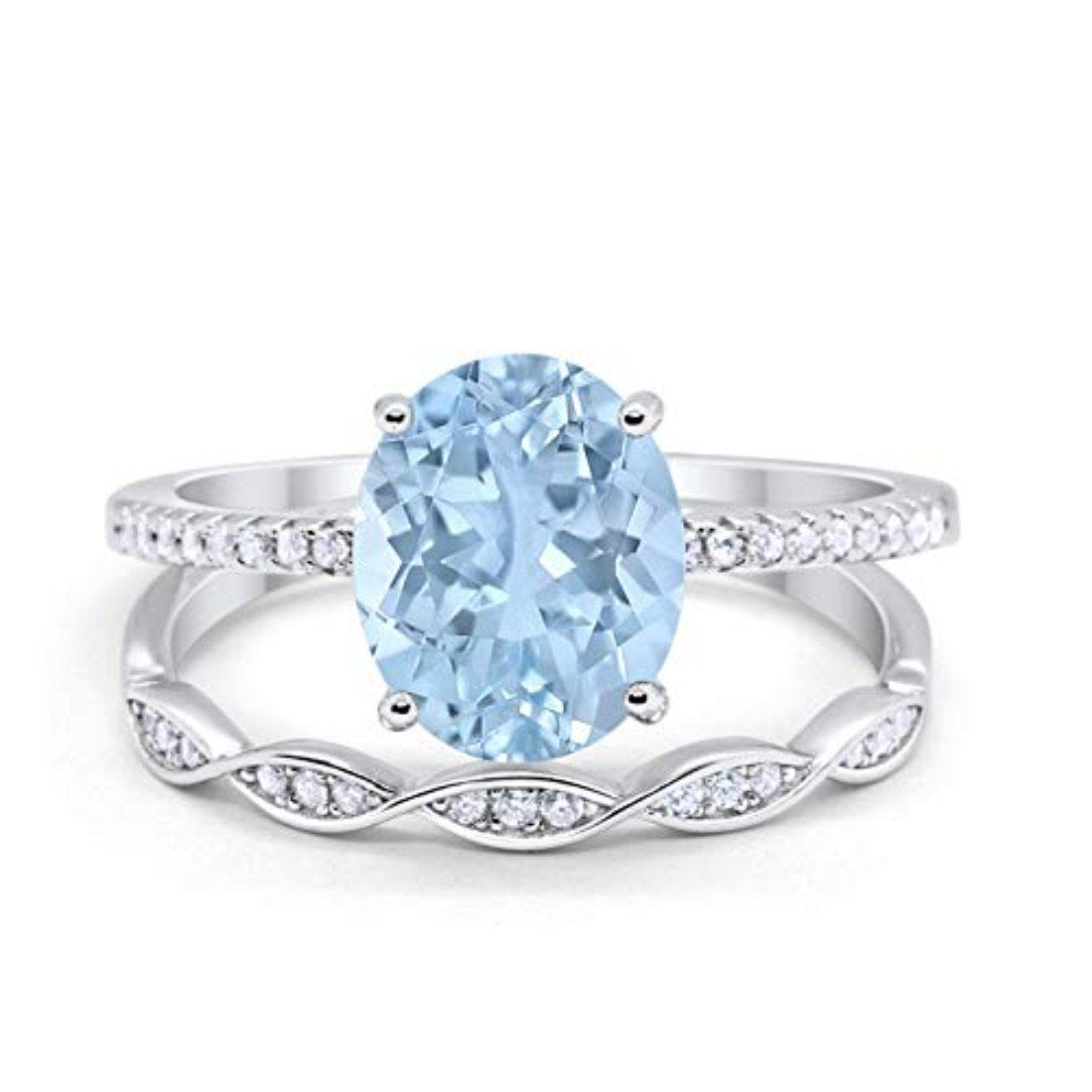 Two Piece Art Deco Oval Simulated Aquamarine CZ Wedding Ring