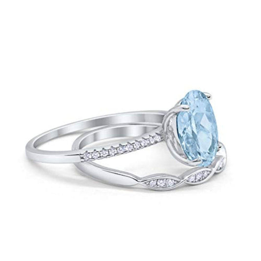 Two Piece Art Deco Oval Simulated Aquamarine CZ Wedding Ring