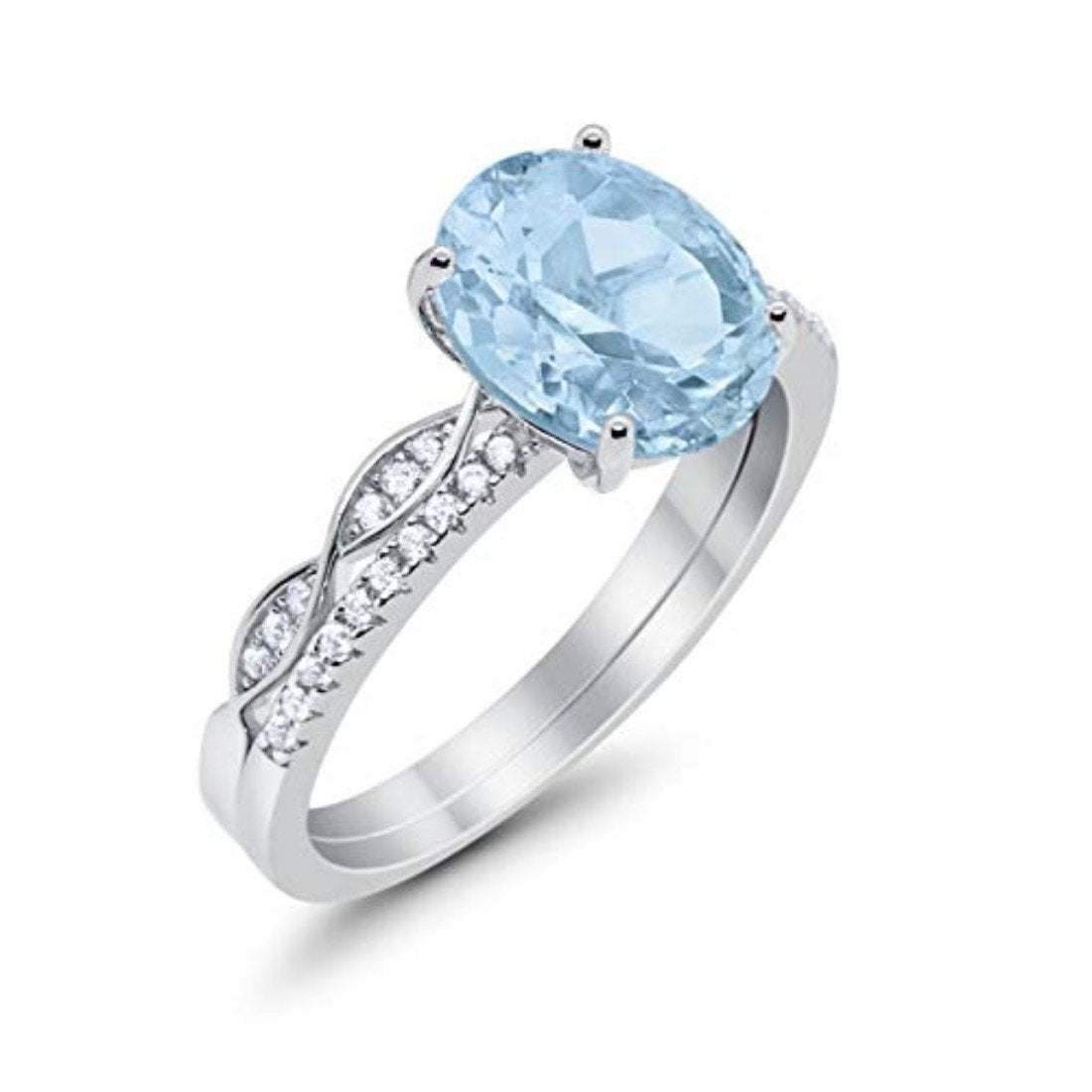 Two Piece Art Deco Oval Simulated Aquamarine CZ Wedding Ring