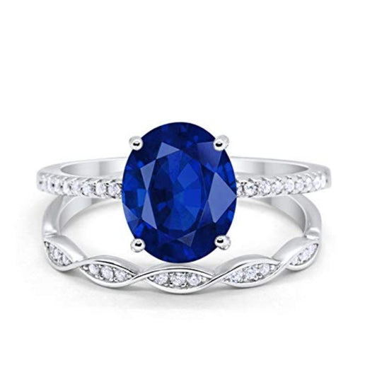 Two Piece Wedding Oval Ring Simulated Blue Sapphire CZ