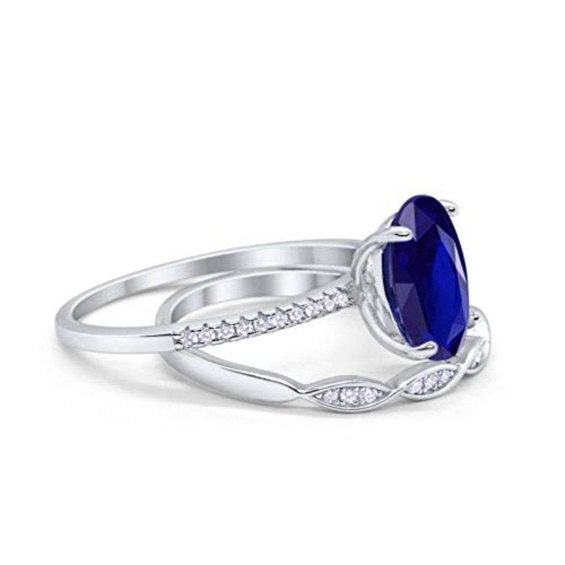 Two Piece Wedding Oval Ring Simulated Blue Sapphire CZ