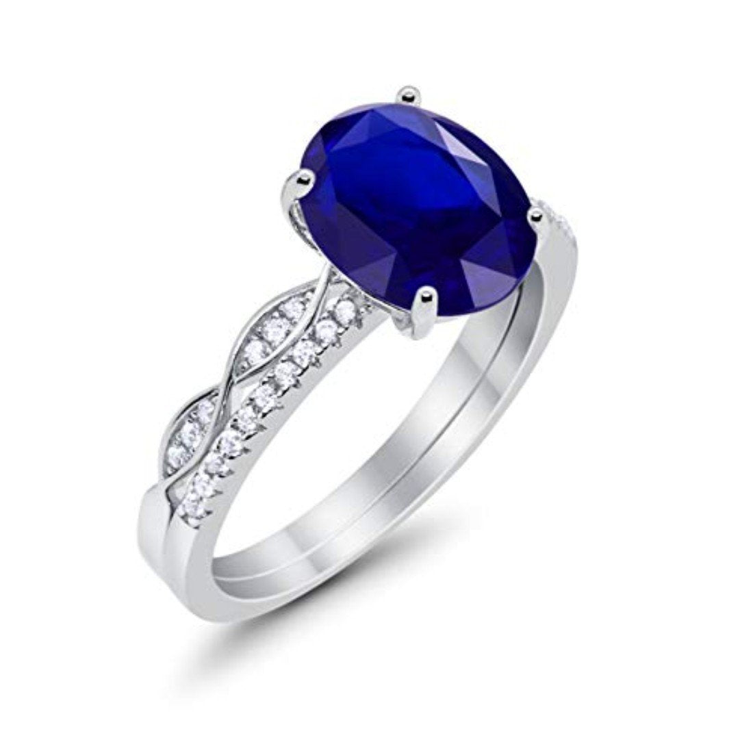 Two Piece Wedding Oval Ring Simulated Blue Sapphire CZ