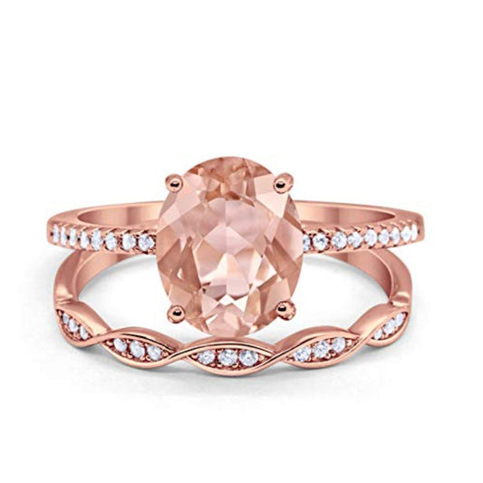 Two Piece Art Deco Oval Rose Tone, Simulated Morganite CZ Wedding Ring