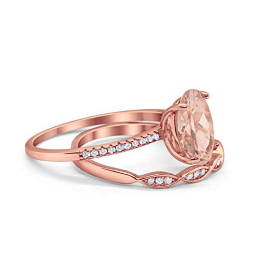 Two Piece Art Deco Oval Rose Tone, Simulated Morganite CZ Wedding Ring