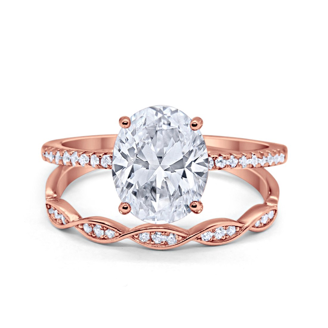 Engagement Bridal Set Band Piece Ring Oval Rose Tone, Simulated CZ