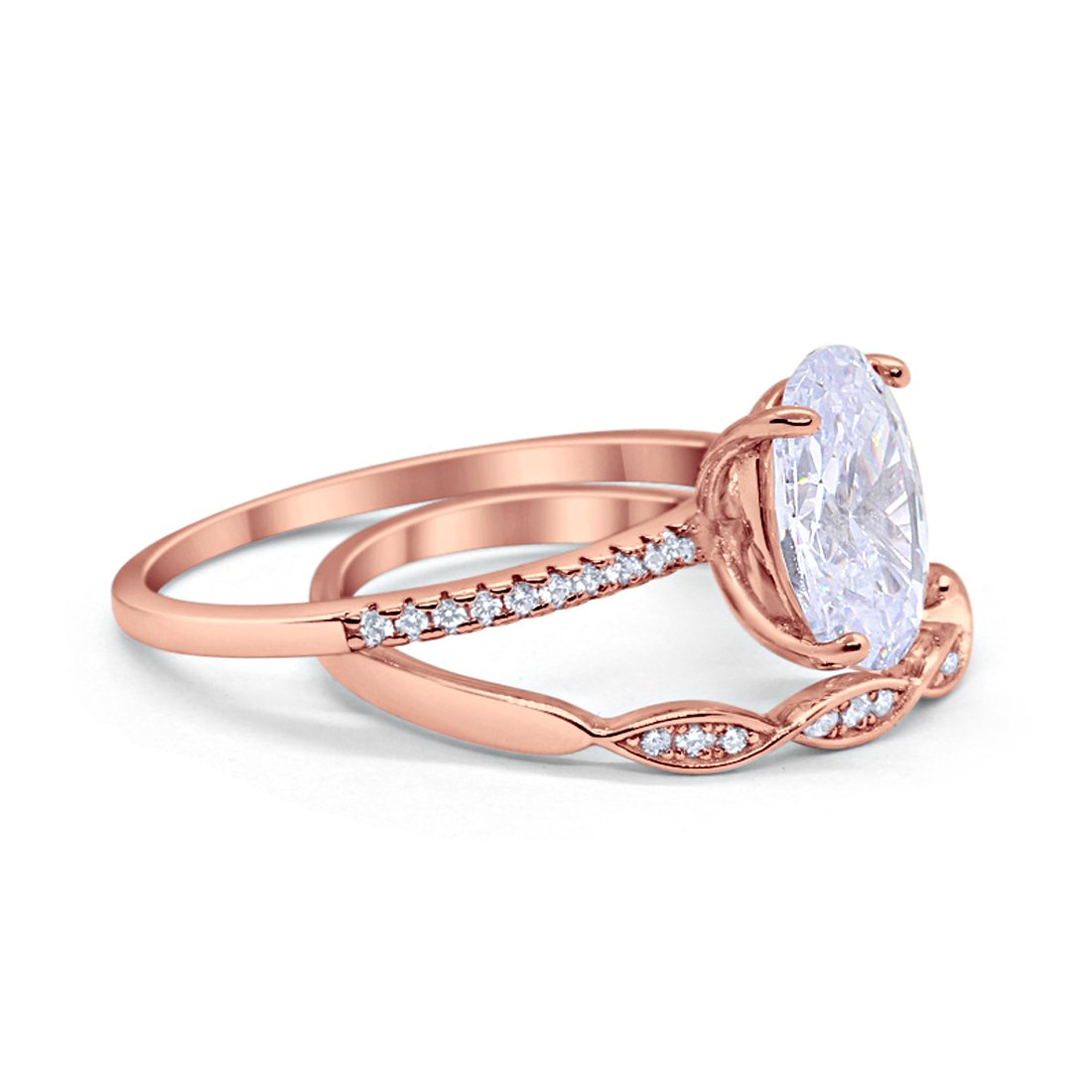 Engagement Bridal Set Band Piece Ring Oval Rose Tone, Simulated CZ