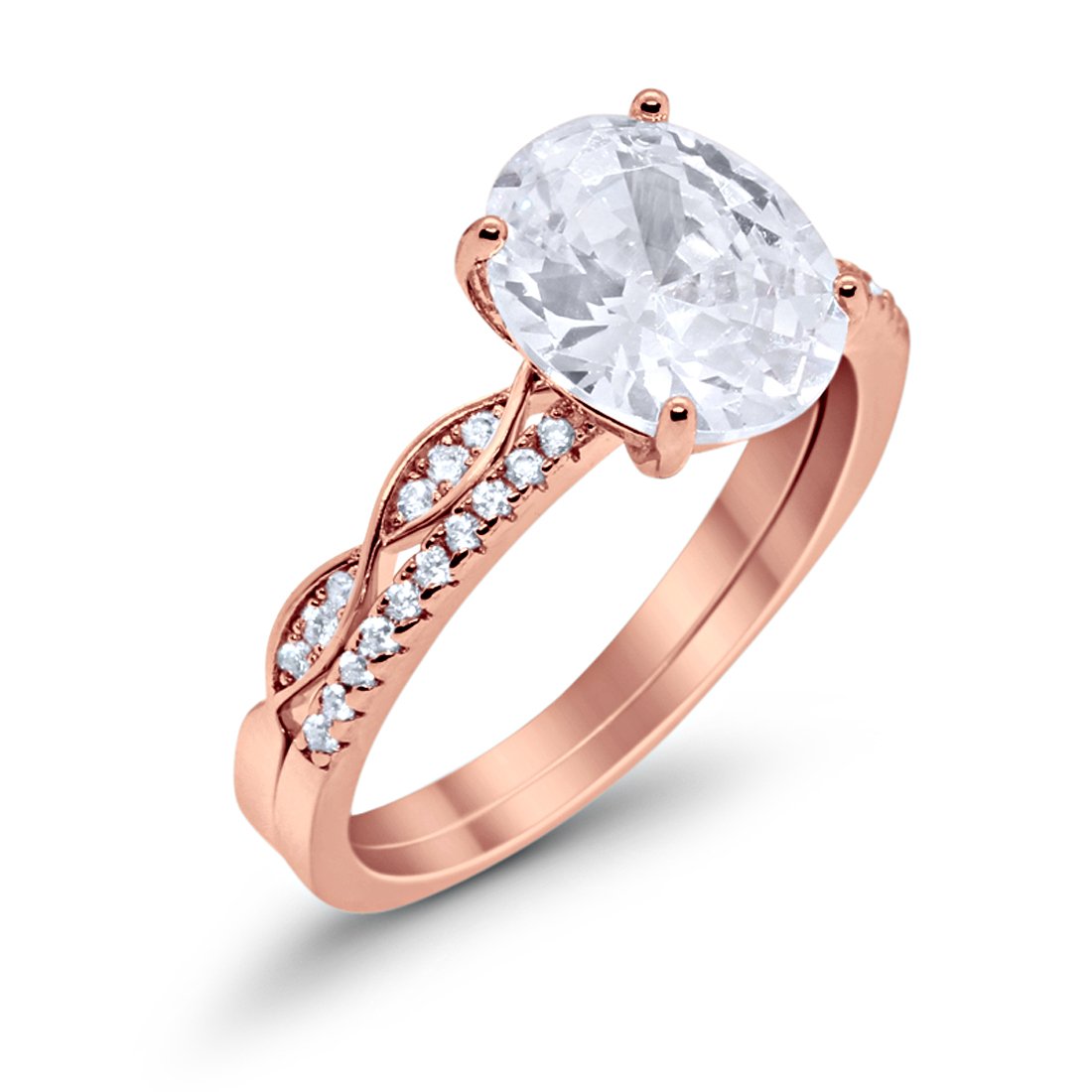 Engagement Bridal Set Band Piece Ring Oval Rose Tone, Simulated CZ