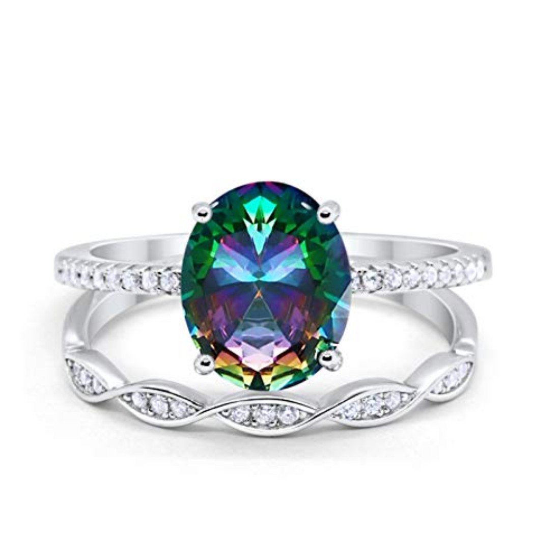 Two Piece Wedding Oval Ring Simulated Rainbow CZ