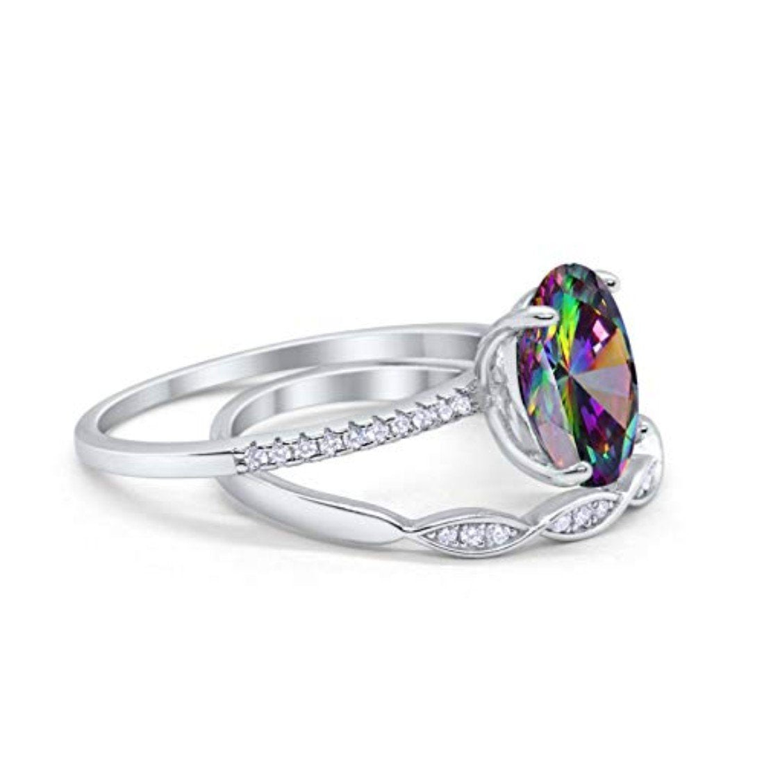 Two Piece Wedding Oval Ring Simulated Rainbow CZ