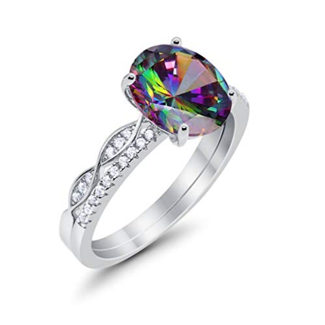 Two Piece Wedding Oval Ring Simulated Rainbow CZ