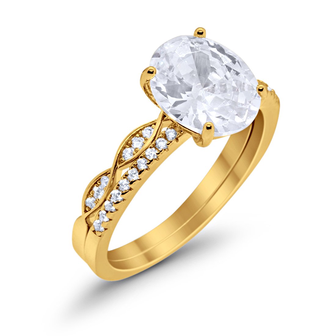 Engagement Bridal Set Band Piece Ring Oval Yellow Tone, Simulated CZ