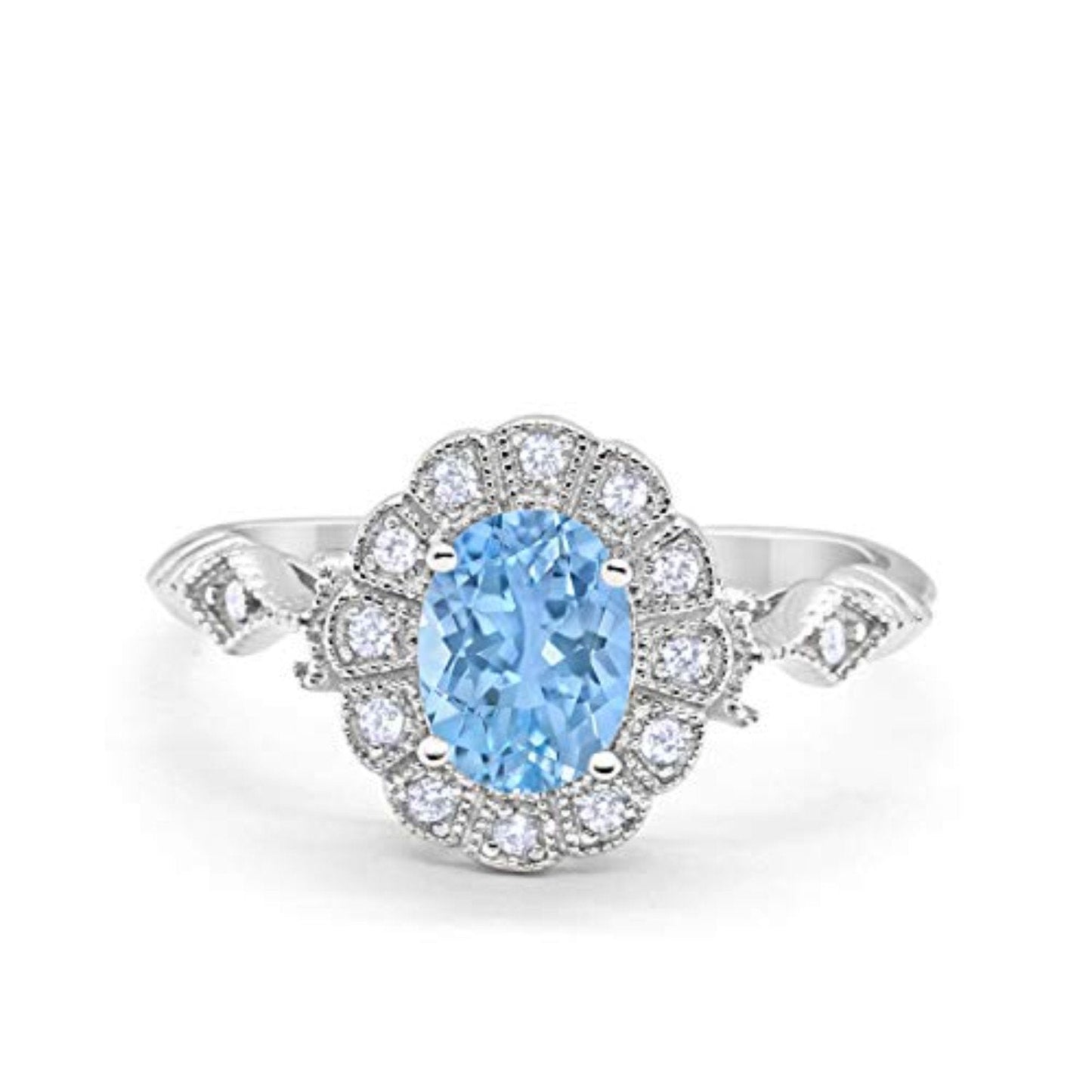 Oval Art Deco Enagement Bridal Ring Simulated Aquamarine CZ