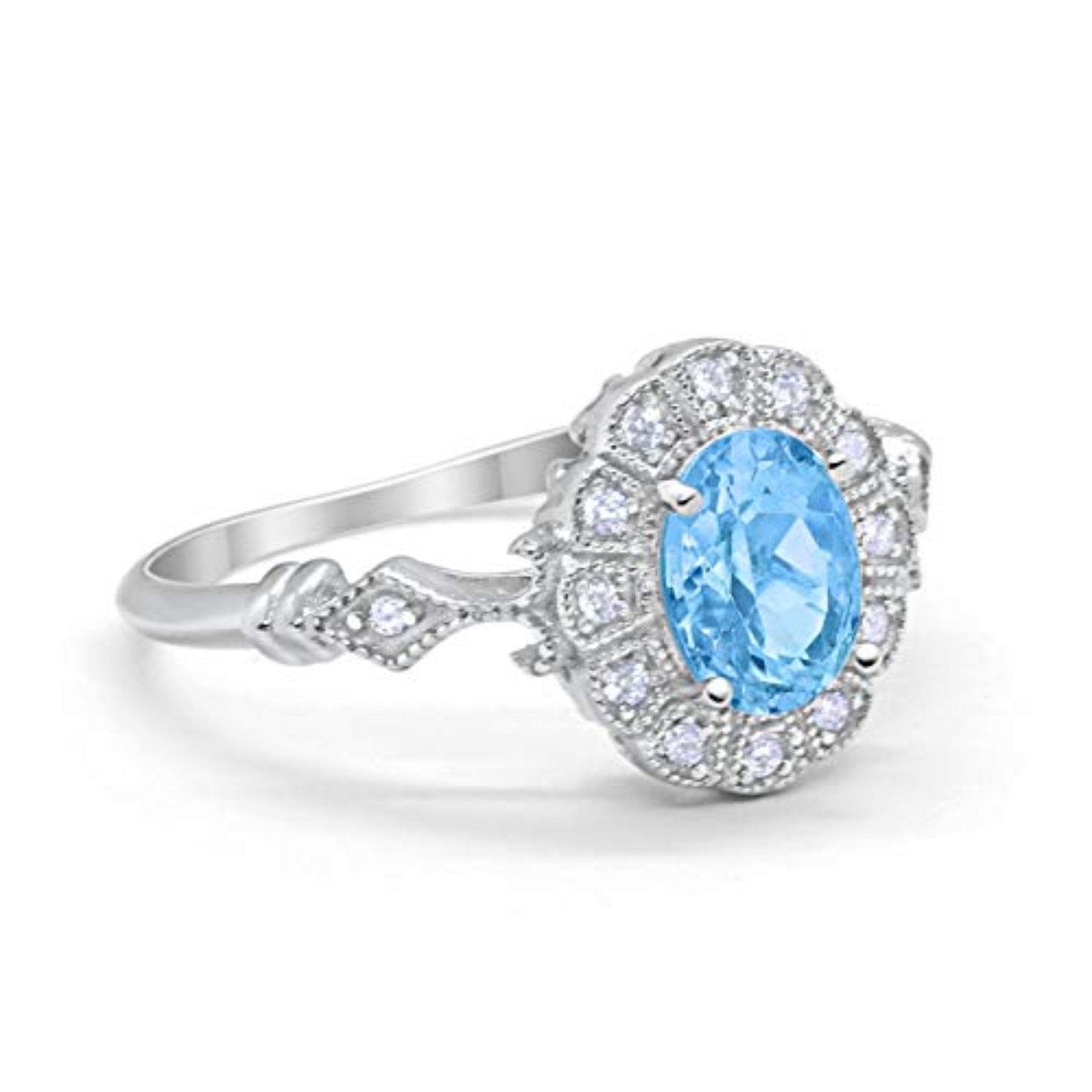 Oval Art Deco Enagement Bridal Ring Simulated Aquamarine CZ