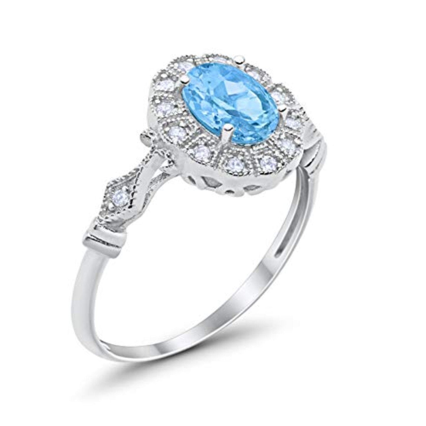 Oval Art Deco Enagement Bridal Ring Simulated Aquamarine CZ