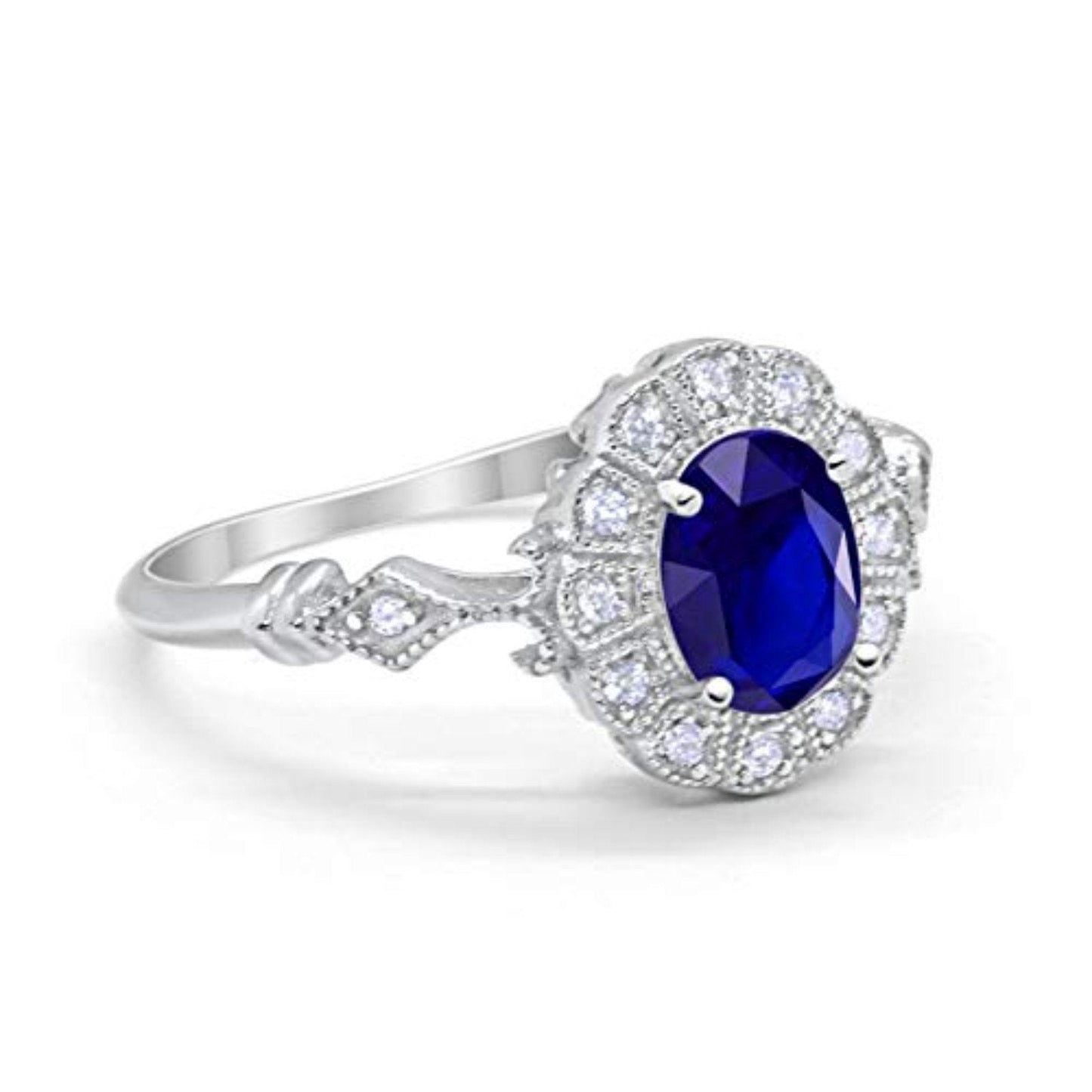 Oval Art Deco Enagement Bridal Ring Simulated Blue Sapphire CZ