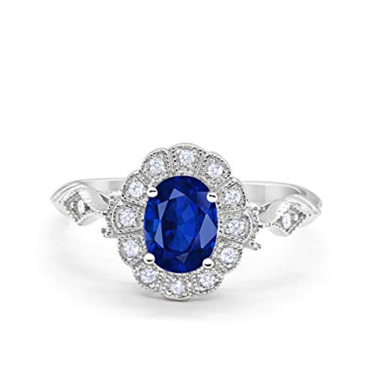 Oval Art Deco Enagement Bridal Ring Simulated Blue Sapphire CZ