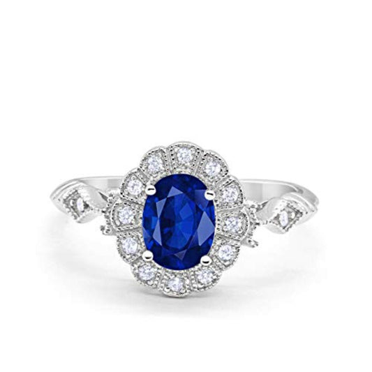 Oval Art Deco Enagement Bridal Ring Simulated Blue Sapphire CZ