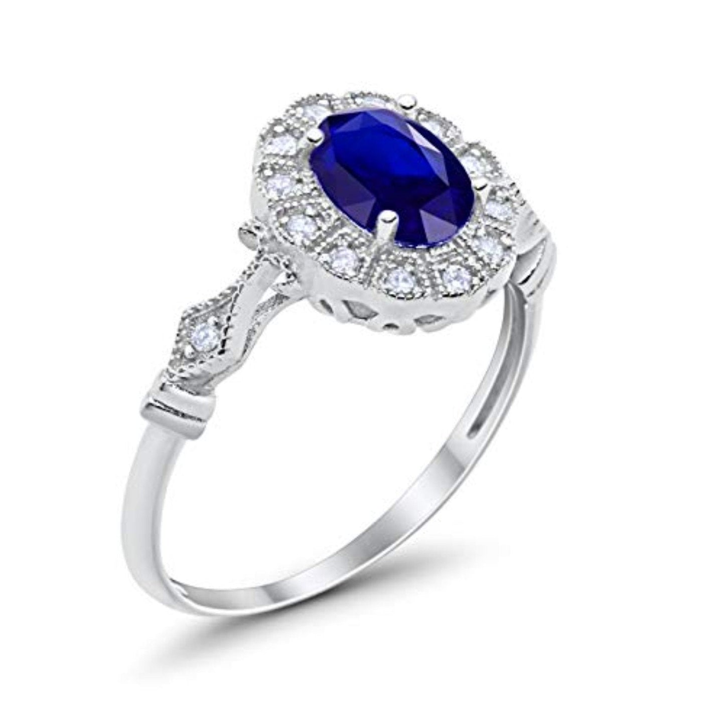 Oval Art Deco Enagement Bridal Ring Simulated Blue Sapphire CZ