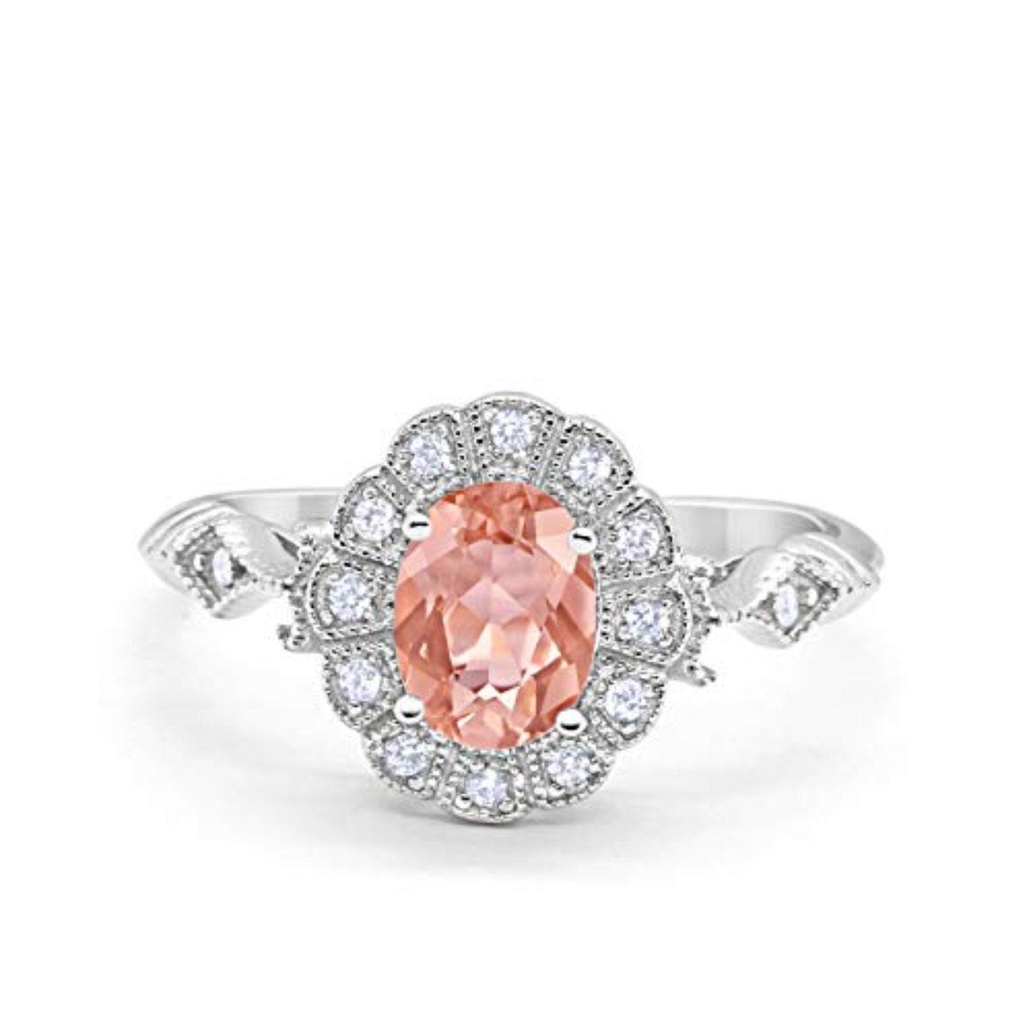 Oval Art Deco Enagement Bridal Ring Simulated Morganite CZ