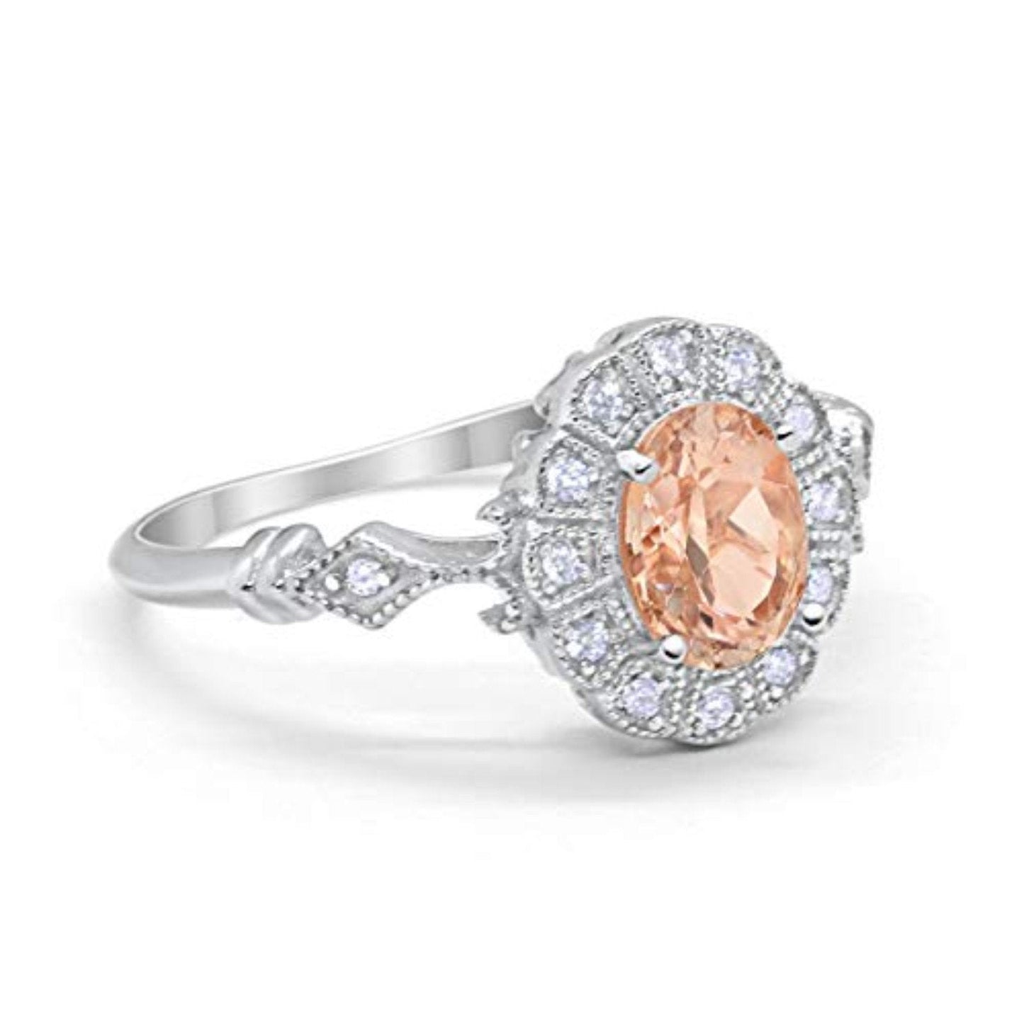 Oval Art Deco Enagement Bridal Ring Simulated Morganite CZ