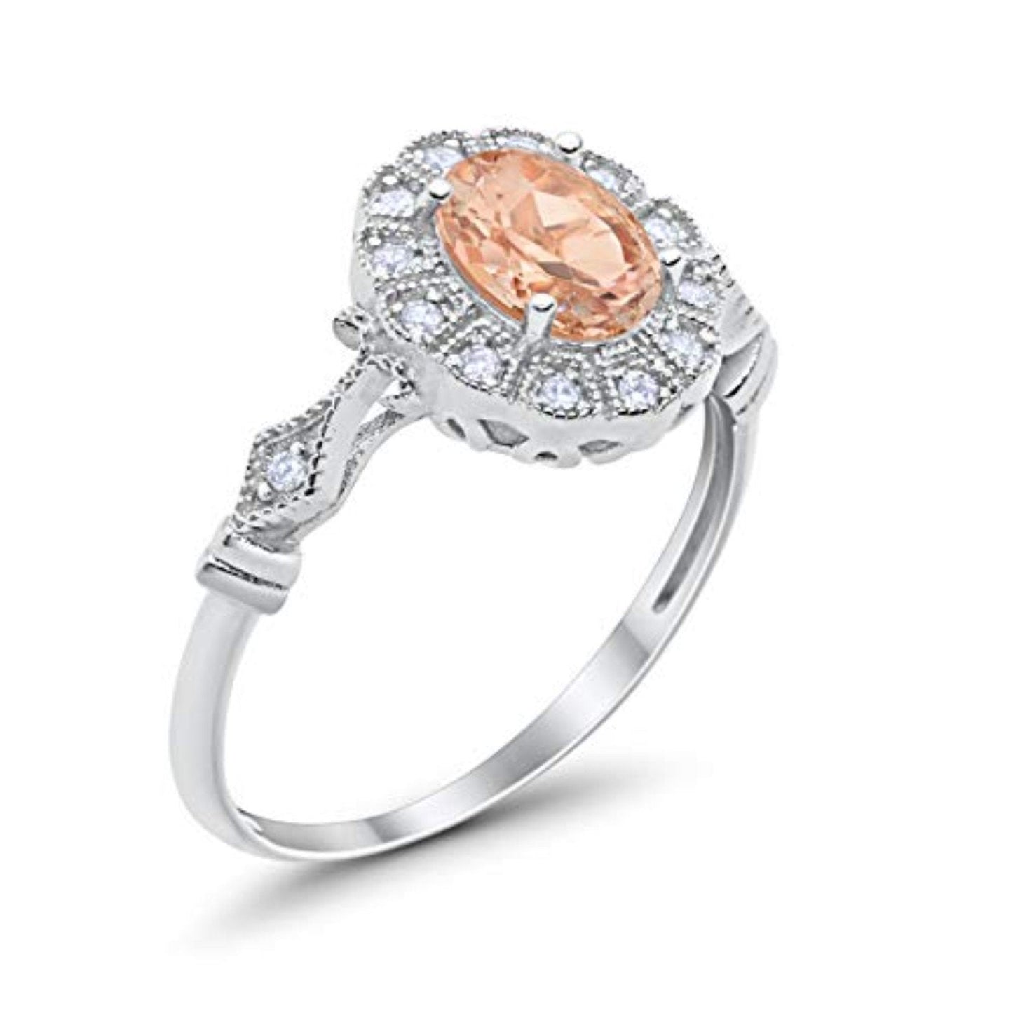 Oval Art Deco Enagement Bridal Ring Simulated Morganite CZ