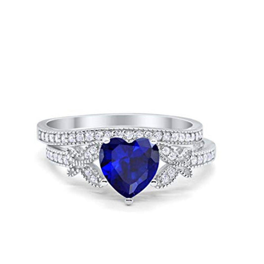 Two Piece Heart Promise Engagement Ring Simulated Blue Sapphire CZ