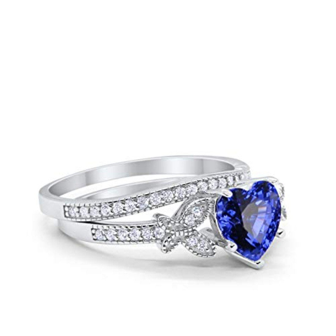 Two Piece Heart Promise Engagement Ring Simulated Blue Sapphire CZ