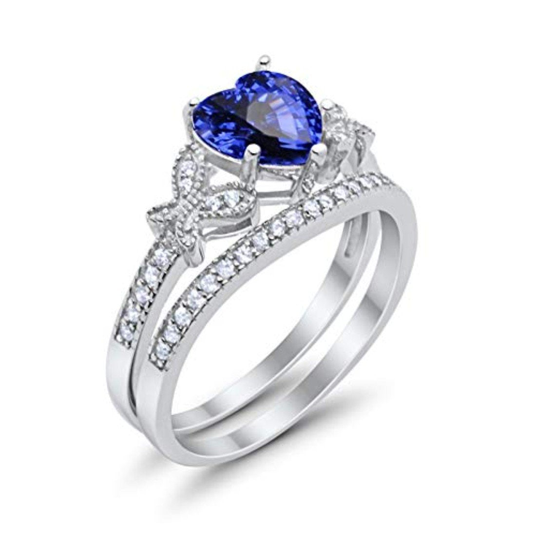 Two Piece Heart Promise Engagement Ring Simulated Blue Sapphire CZ