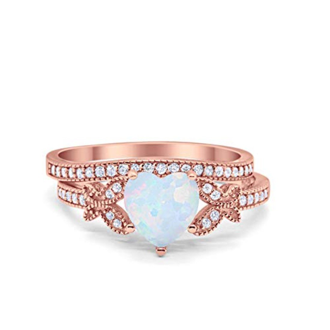 Two Piece Heart Promise Rose Tone, Lab Created White Opal Wedding Ring