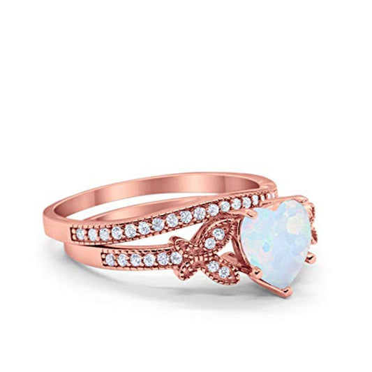 Two Piece Heart Promise Rose Tone, Lab Created White Opal Wedding Ring