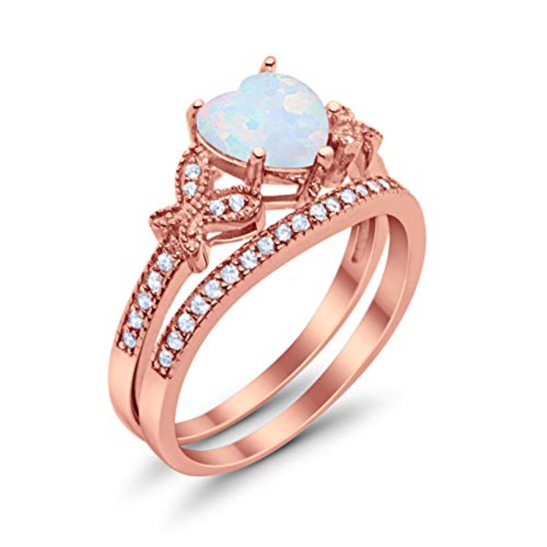 Two Piece Heart Promise Rose Tone, Lab Created White Opal Wedding Ring