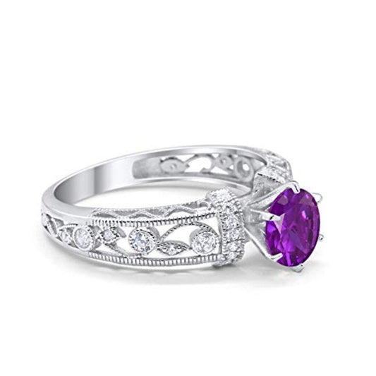 Art Deco Wedding Promise Ring Round Simulated Amethyst CZ