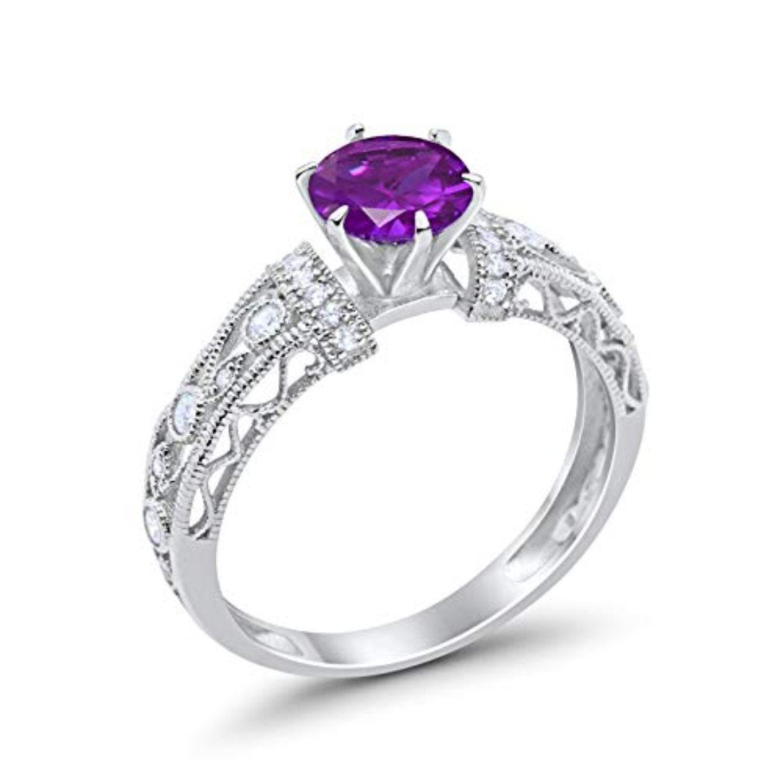 Art Deco Wedding Promise Ring Round Simulated Amethyst CZ