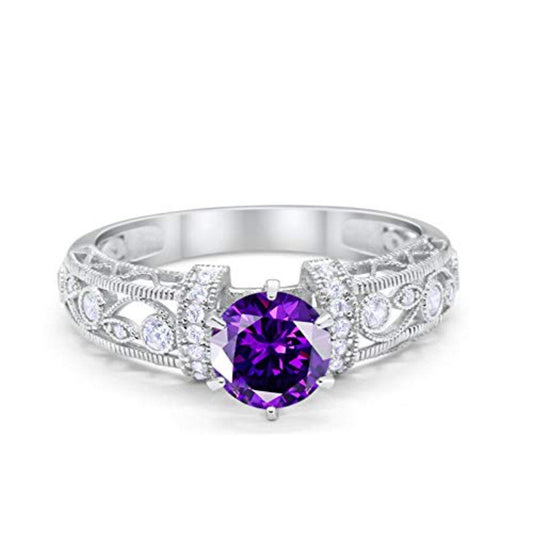 Art Deco Wedding Promise Ring Round Simulated Amethyst CZ