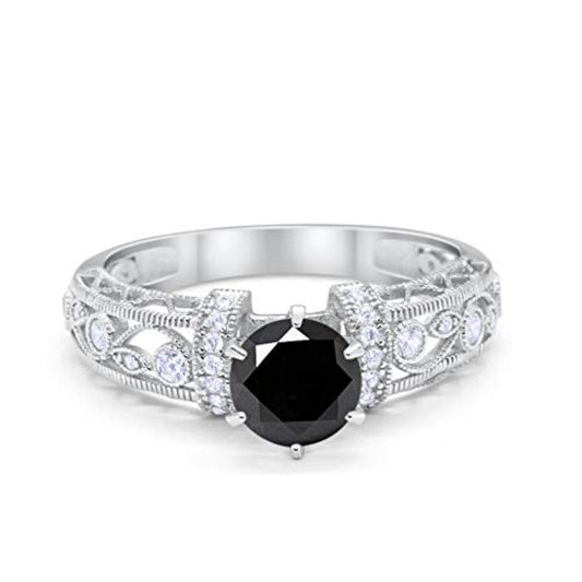 Art Deco Round Simulated Black CZ Wedding Promise Ring