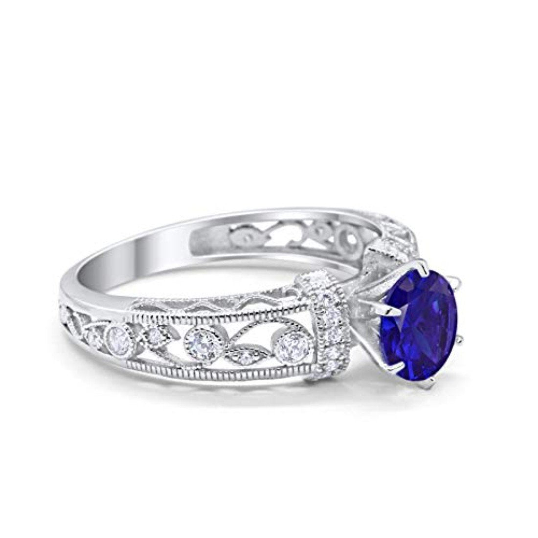 Art Deco Wedding Promise Ring Round Simulated Blue Sapphire CZ