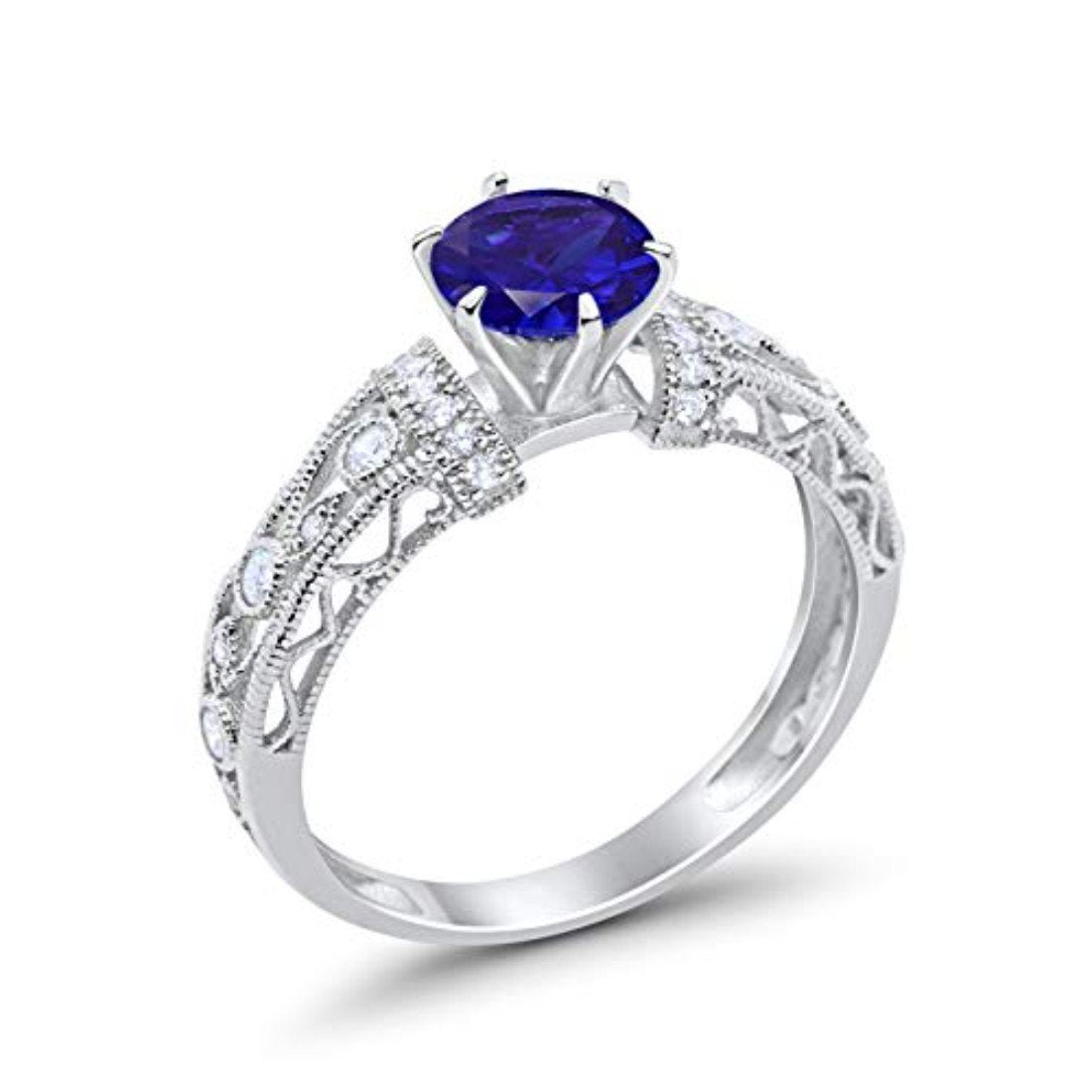 Art Deco Wedding Promise Ring Round Simulated Blue Sapphire CZ