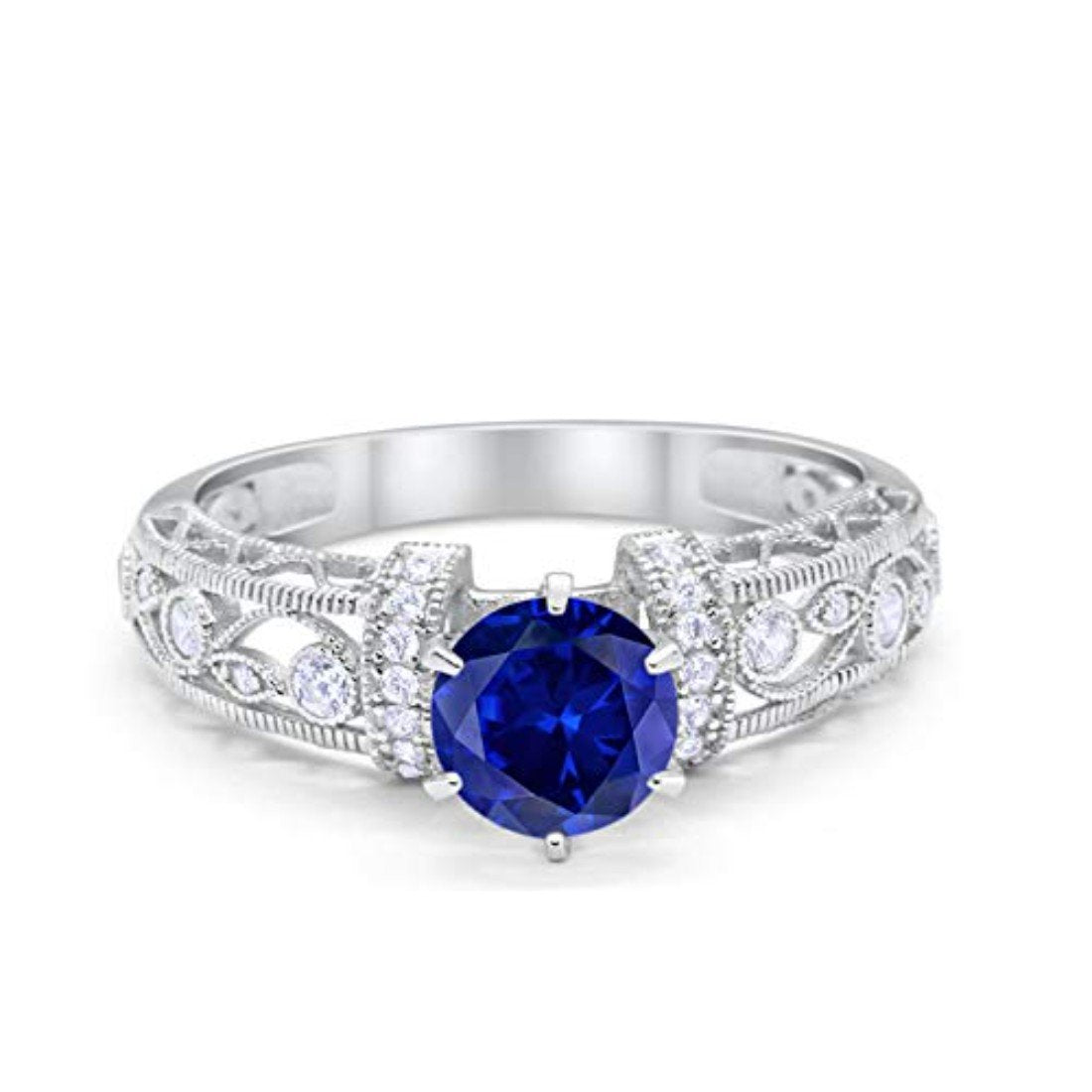 Art Deco Wedding Promise Ring Round Simulated Blue Sapphire CZ