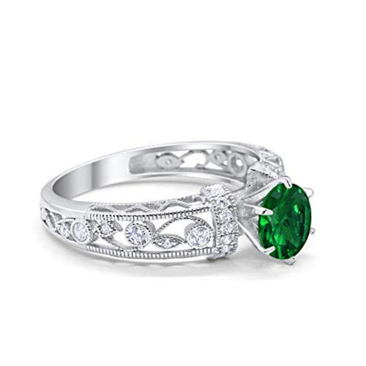 Art Deco Wedding Promise Ring Round Simulated Green Emerald CZ