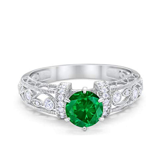 Art Deco Wedding Promise Ring Round Simulated Green Emerald CZ