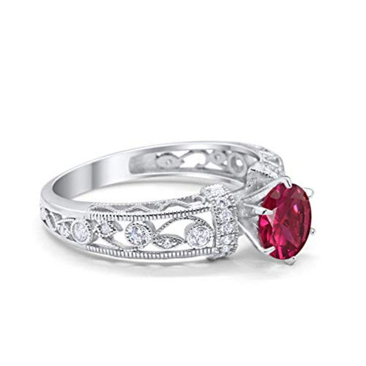 Art Deco Wedding Round Simulated Ruby CZ Promise Ring