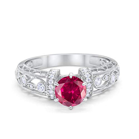 Art Deco Wedding Round Simulated Ruby CZ Promise Ring