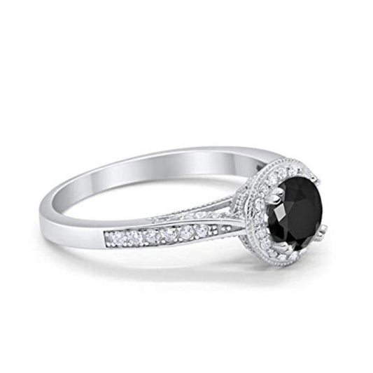 Halo Art Deco Engagement Ring Round Simulated Black CZ