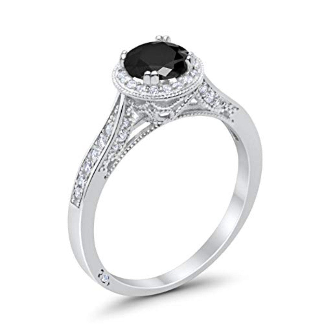 Halo Art Deco Engagement Ring Round Simulated Black CZ