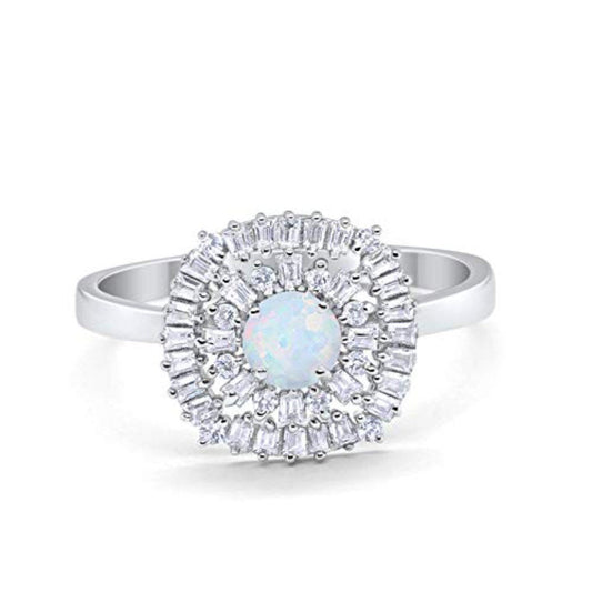 Halo Engagement Ring Round Baguette Lab Created White Opal