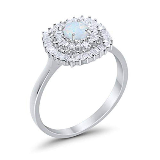 Halo Engagement Ring Round Baguette Lab Created White Opal