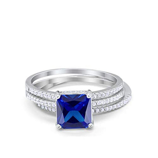 Princess Cut Wedding 3 Piece Ring Simulated Blue Sapphire CZ