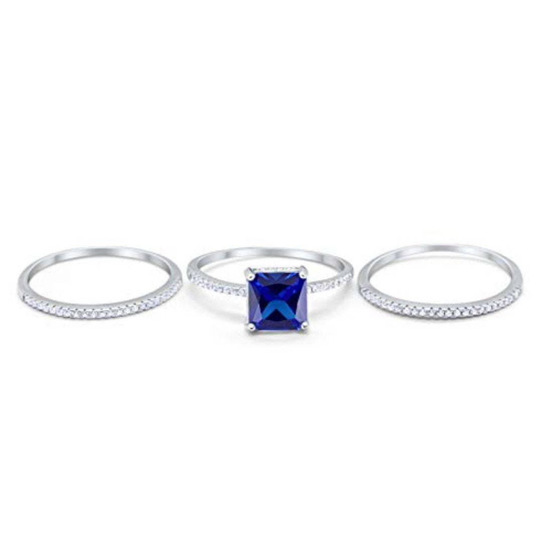 Princess Cut Wedding 3 Piece Ring Simulated Blue Sapphire CZ