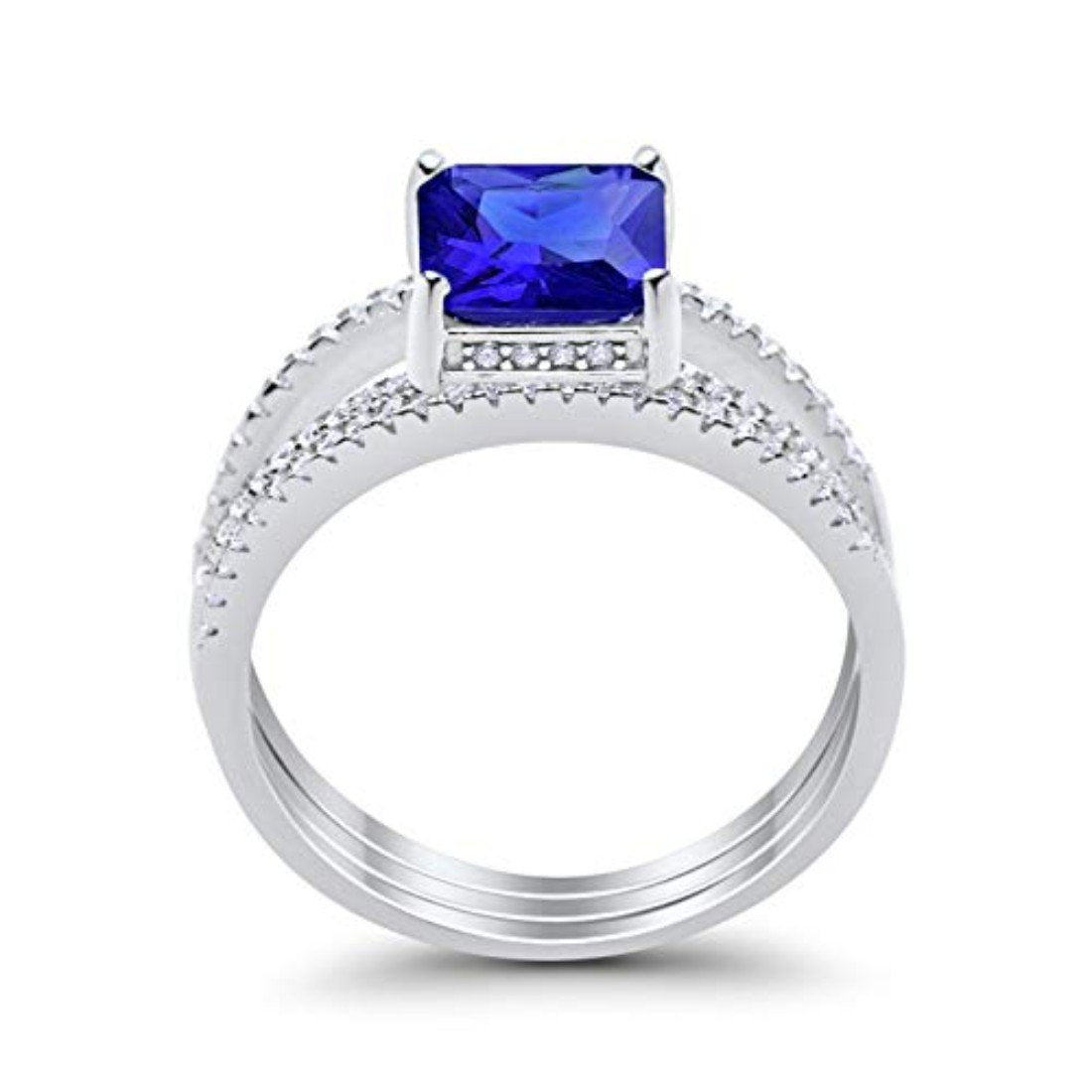 Princess Cut Wedding 3 Piece Ring Simulated Blue Sapphire CZ